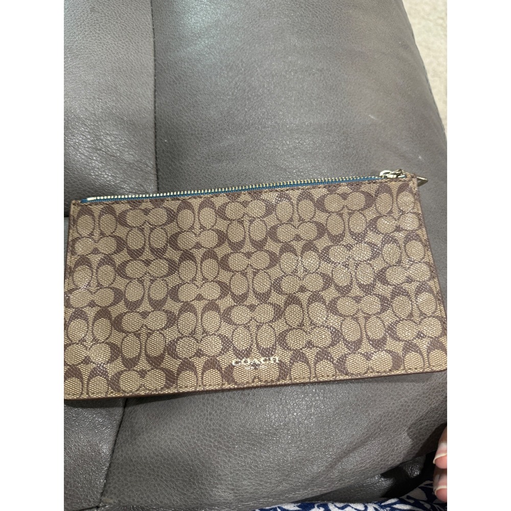 Coach Signature Canvas Slim Pouch Brown Khaki Teal Lining Zip Top Clutch Bag